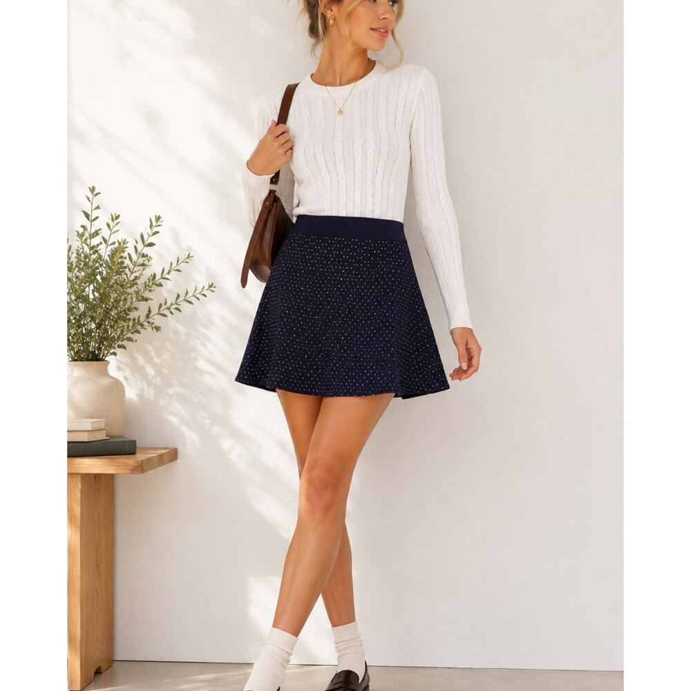 Ann Taylor Navy Blue Polka Dot Knit A Line Skirt Womens SP Preppy Dark Academia